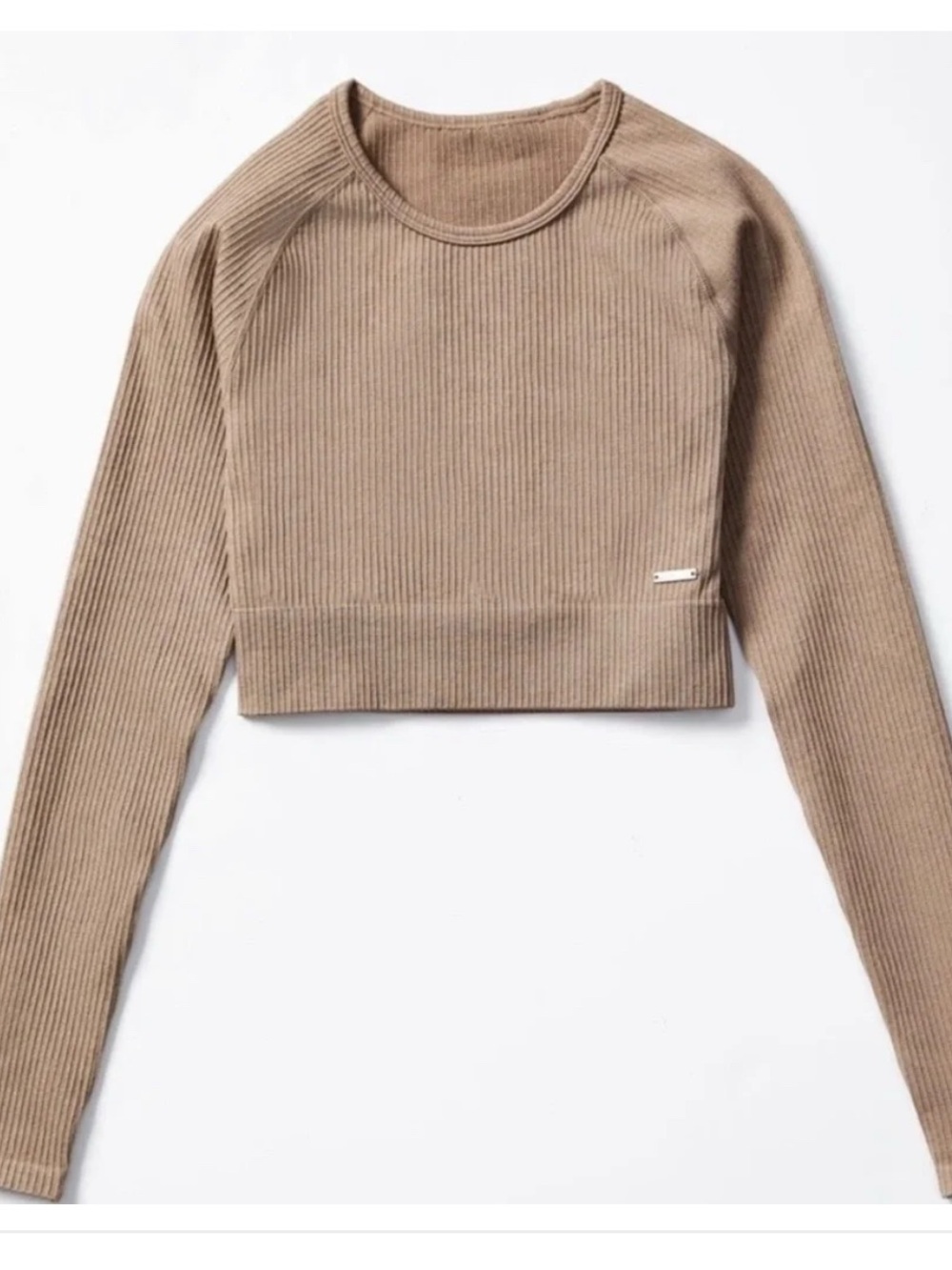Ribbed Cropped Long Sleeve Top in Tan